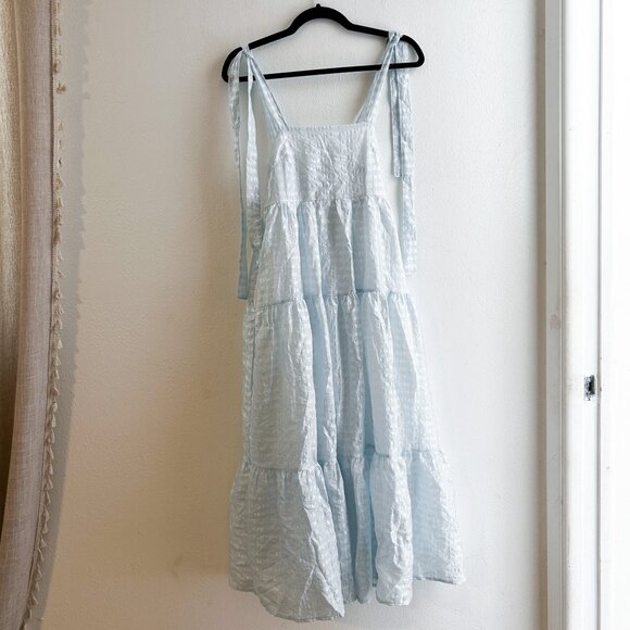 ELAINE Maxi Dress- Tie Straps with Tiered Blue Checkered Shimmer Design - Picture 3 of 5